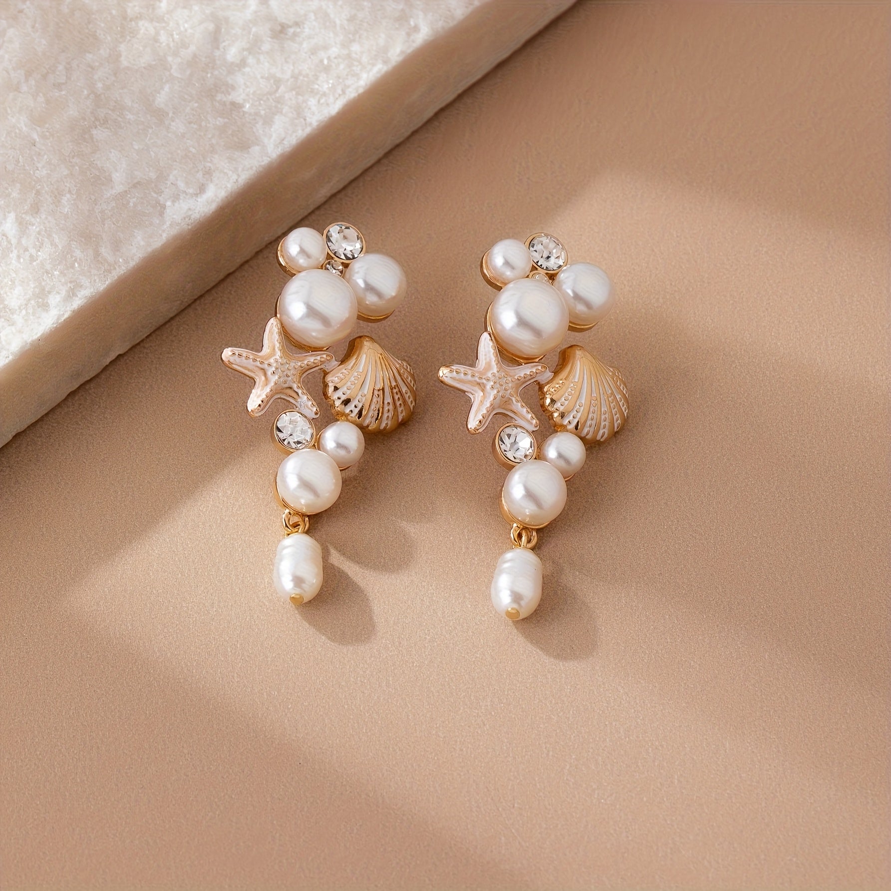 Gold-Tone Seashell Starfish Pearl Drop Earrings