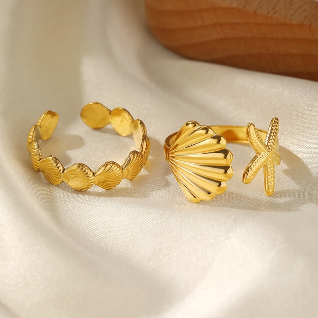 Adjustable Gold-Tone Sea Shell Starfish Rings