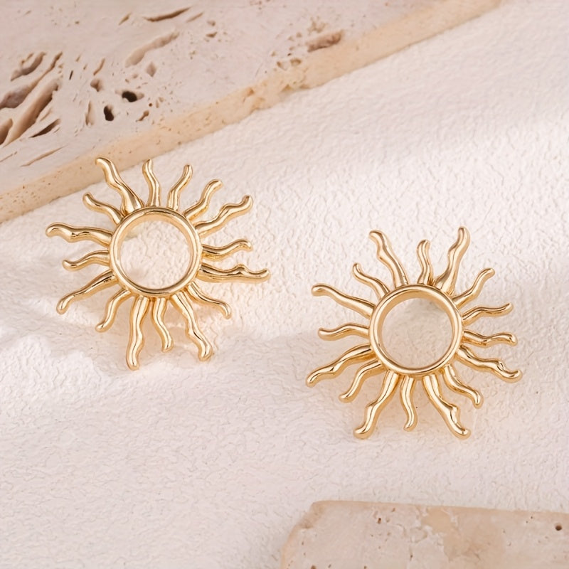 Bohemian Gold-Tone Sunburst Earrings with Wavy Rays