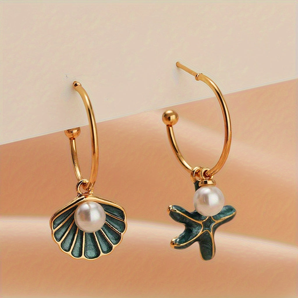 Asymmetrical Shell Starfish Hoop Earrings with Pearls