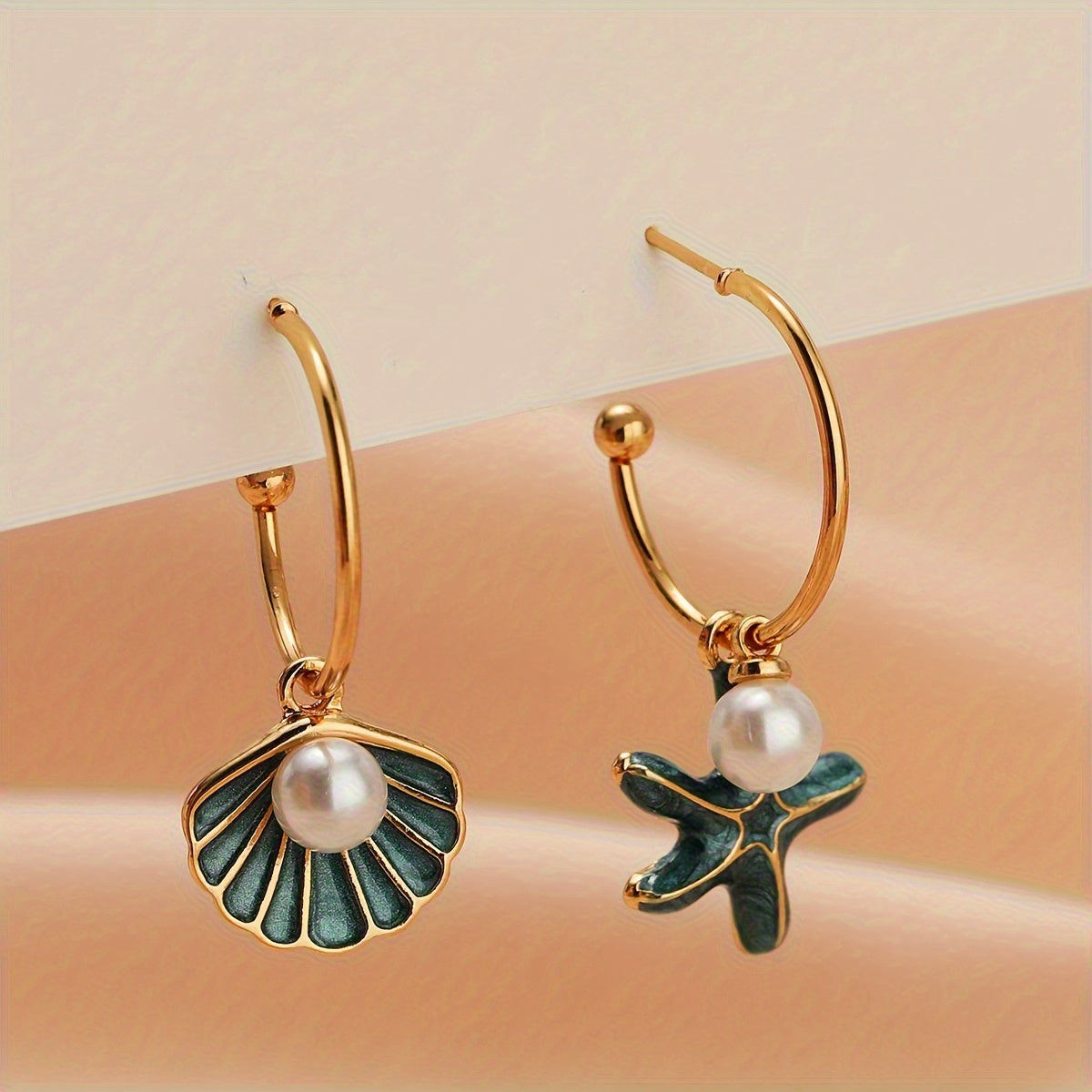 Asymmetrical Shell Starfish Hoop Earrings with Pearls