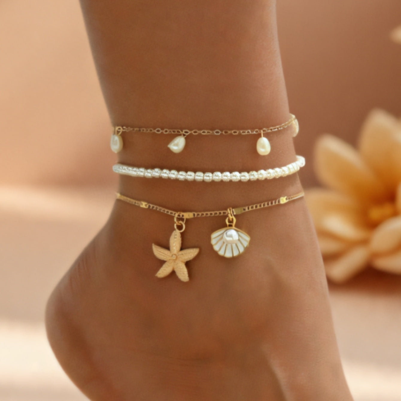 Bohemian Layered Anklets with Pearl & Sea Charms