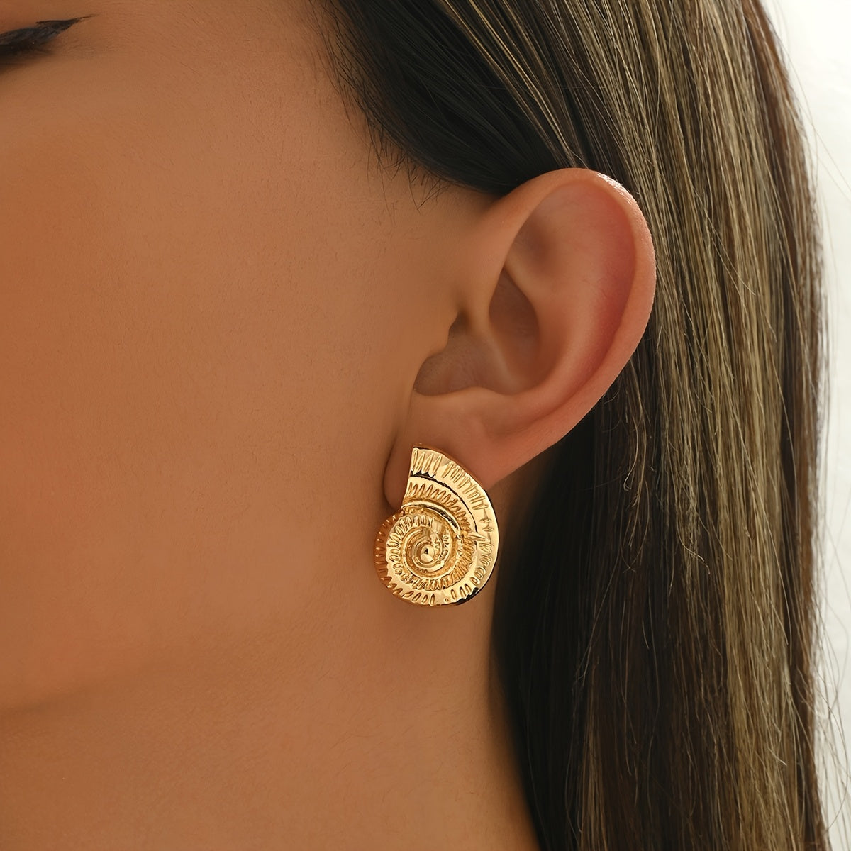 Gold Textured Nautilus Shell Stud Earrings