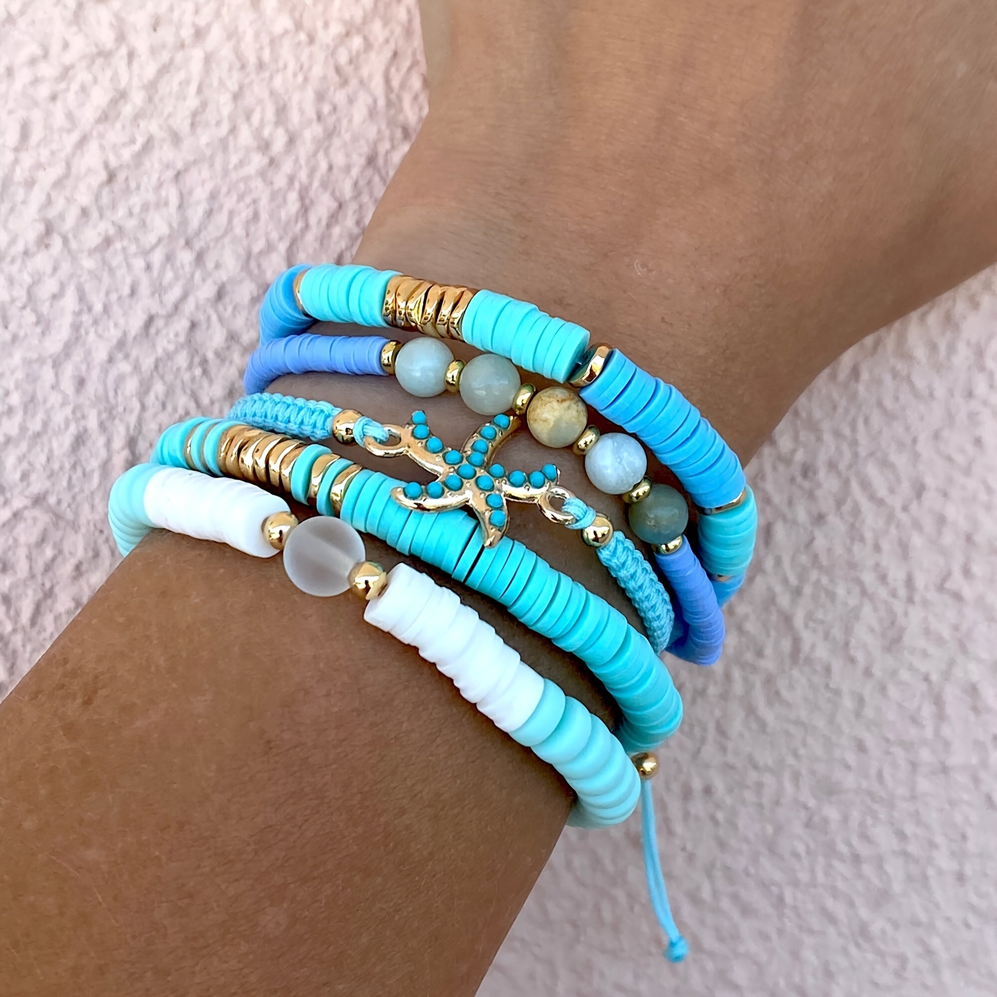 Boho Blue Heishi Bracelets with Starfish Charm