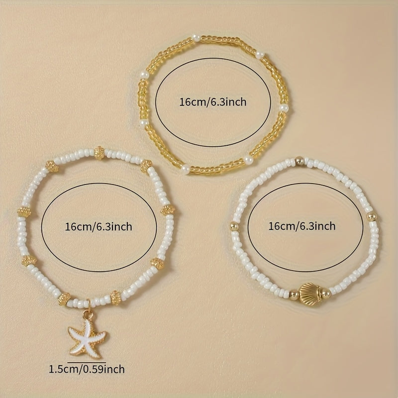 Gold & White Starfish & Shell Beaded Bracelets