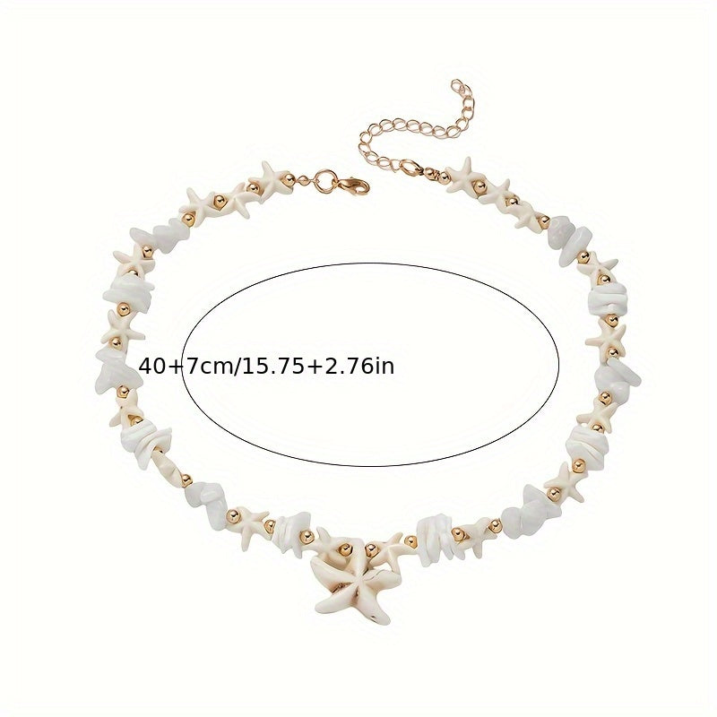 Beachy White Shell Starfish Necklace with Gold Beads