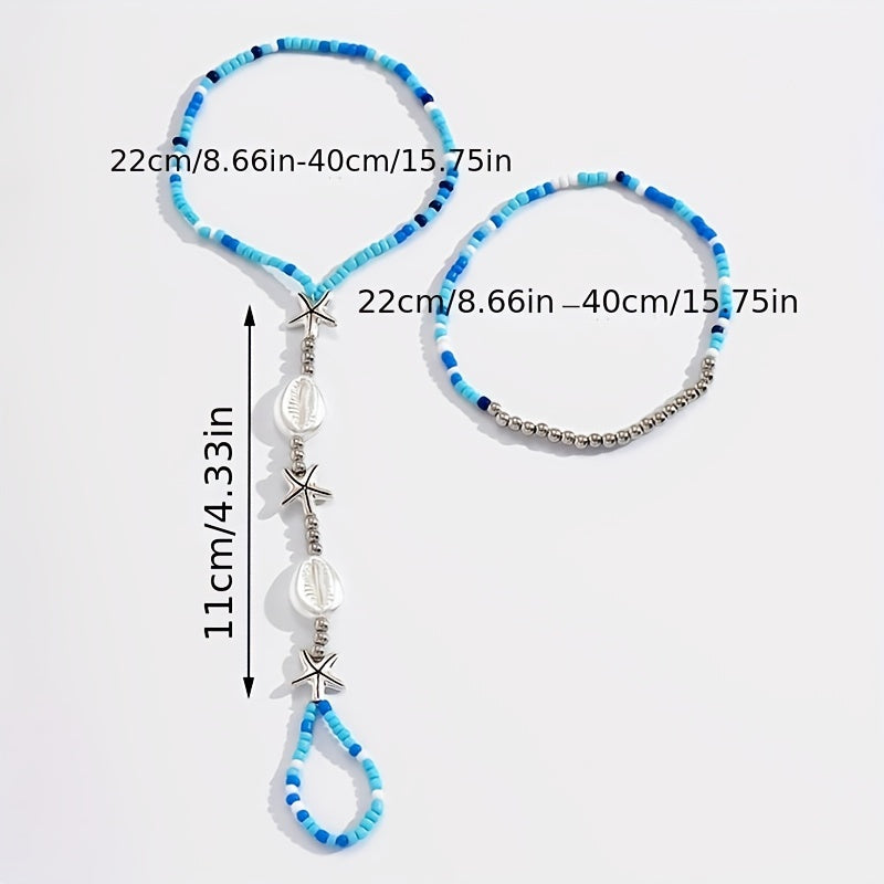 Bohemian Blue Beaded Starfish Cowrie Shell Anklet