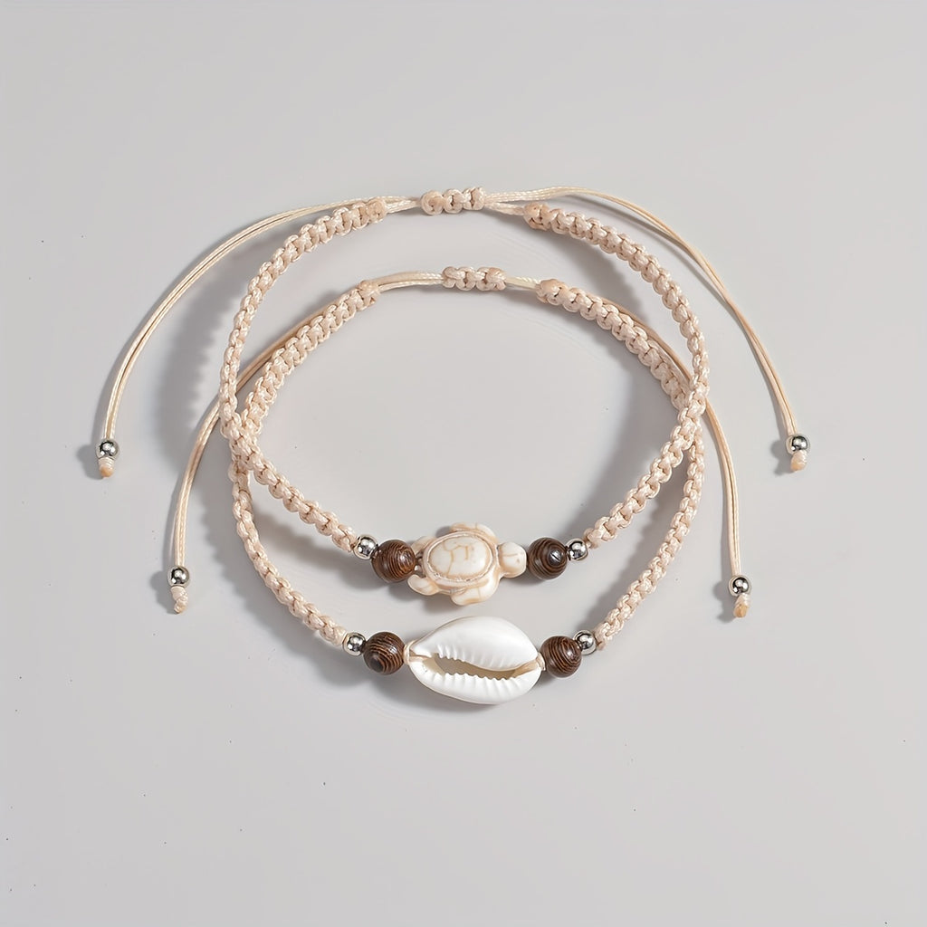 Bohemian Woven Anklets with Shell and Turtle Charms