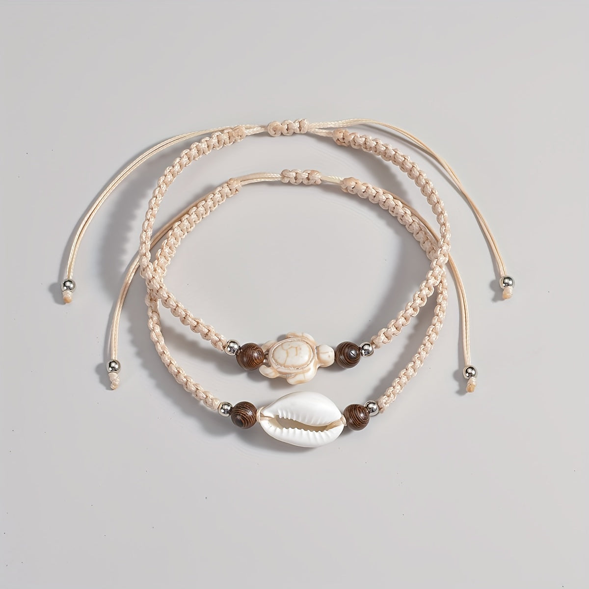 Bohemian Woven Anklets with Shell and Turtle Charms