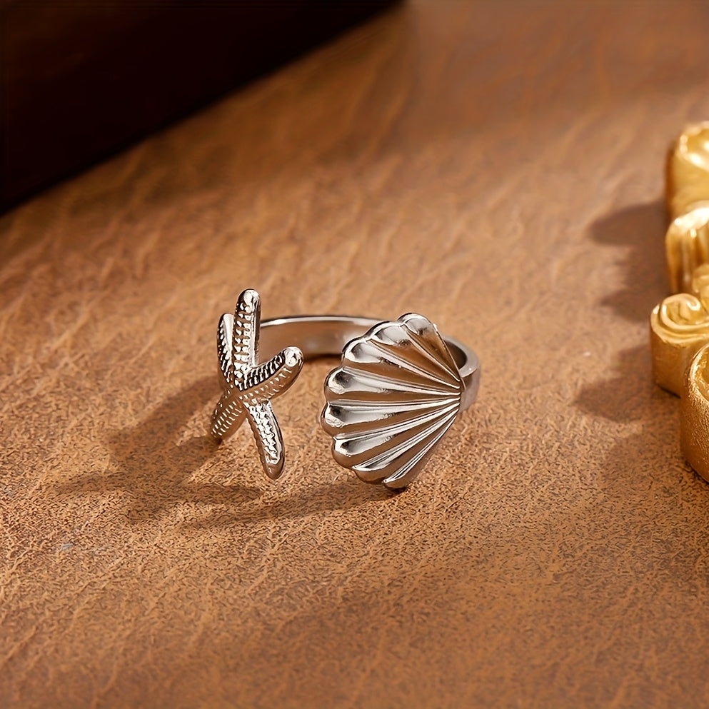 Gold Tone Starfish & Shell Open Ring for Women