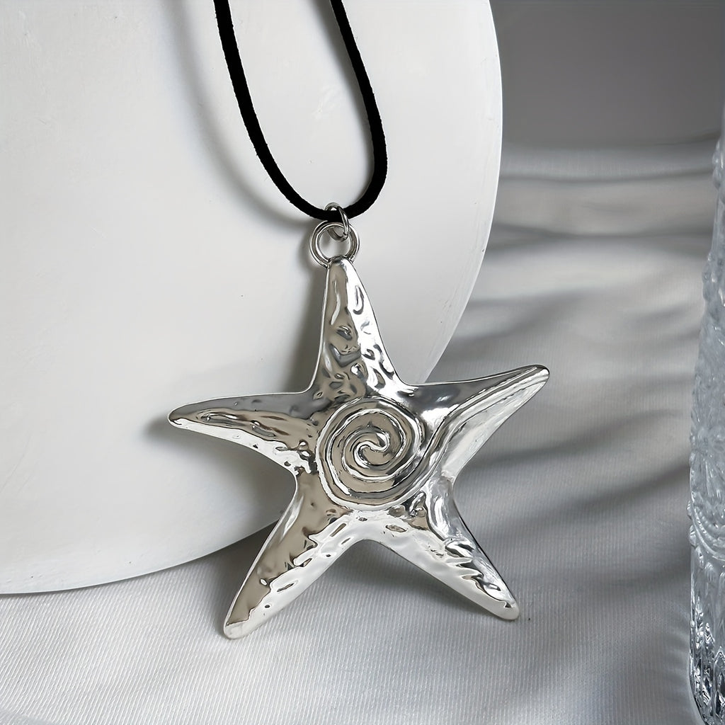 Bohemian Silver Starfish Lariat Necklace with Black Cord