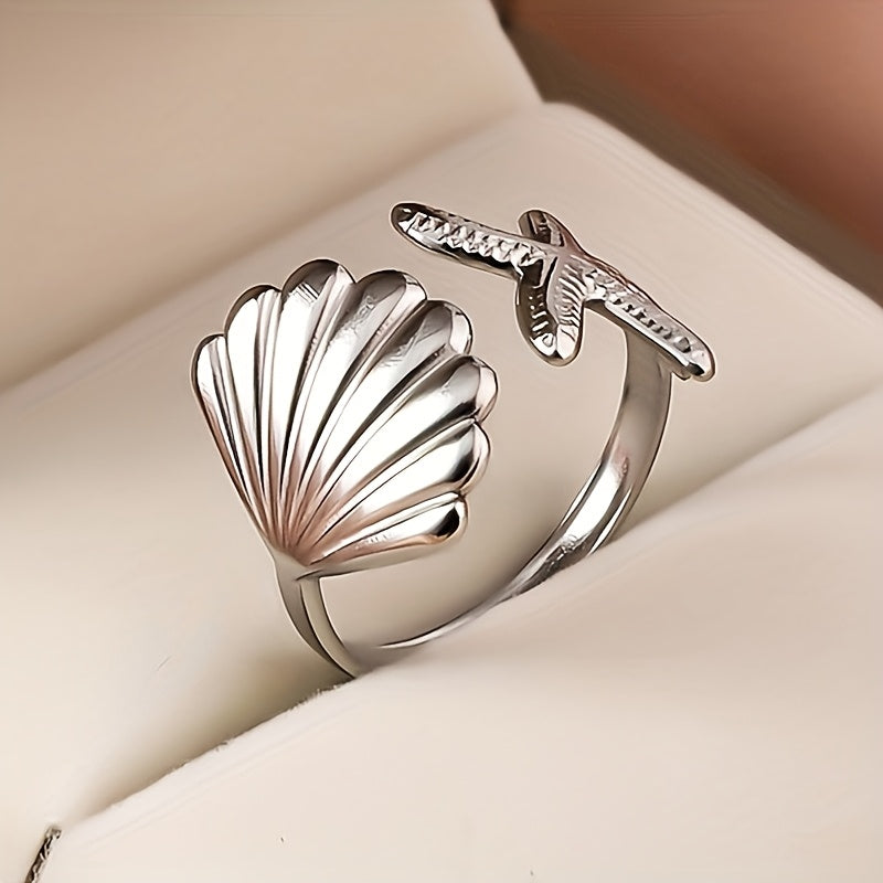 Gold Tone Starfish & Shell Open Ring for Women