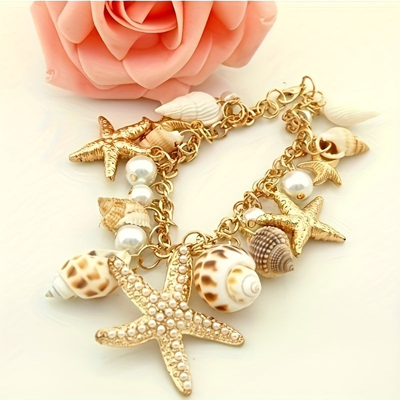 Gold Tone Seashell Starfish Pearl Charm Bracelet