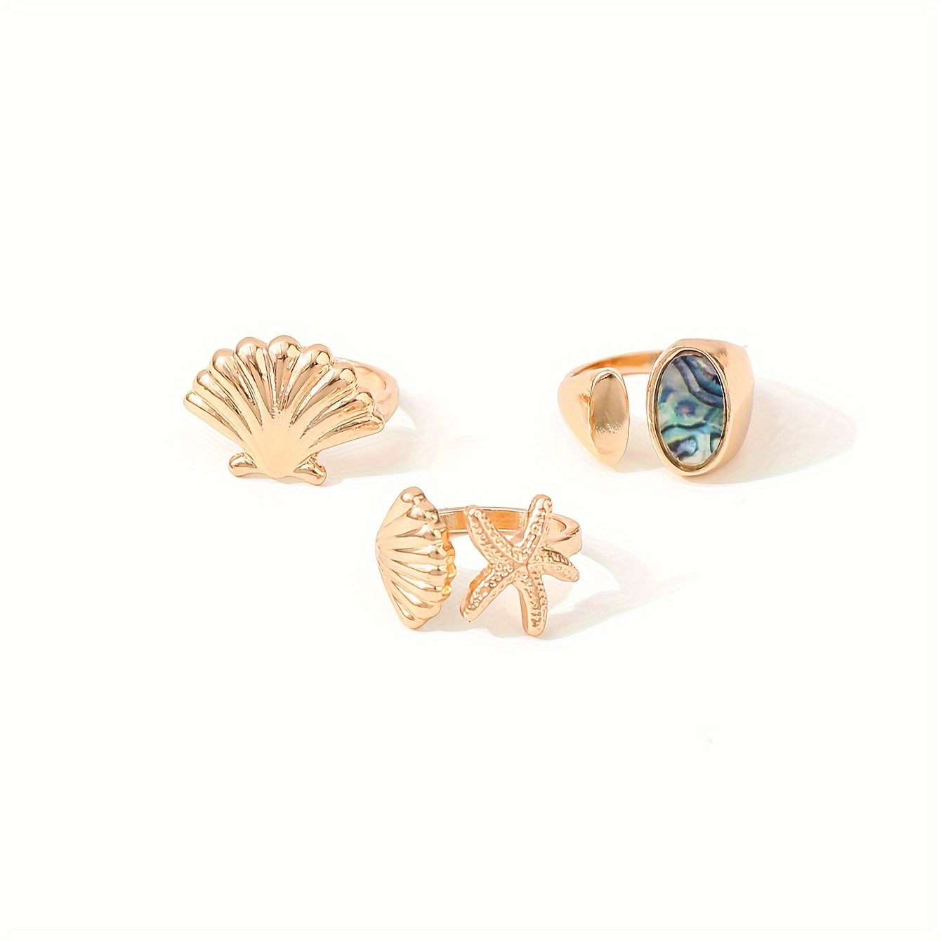 Gold Tone Sea-Inspired Rings with Abalone