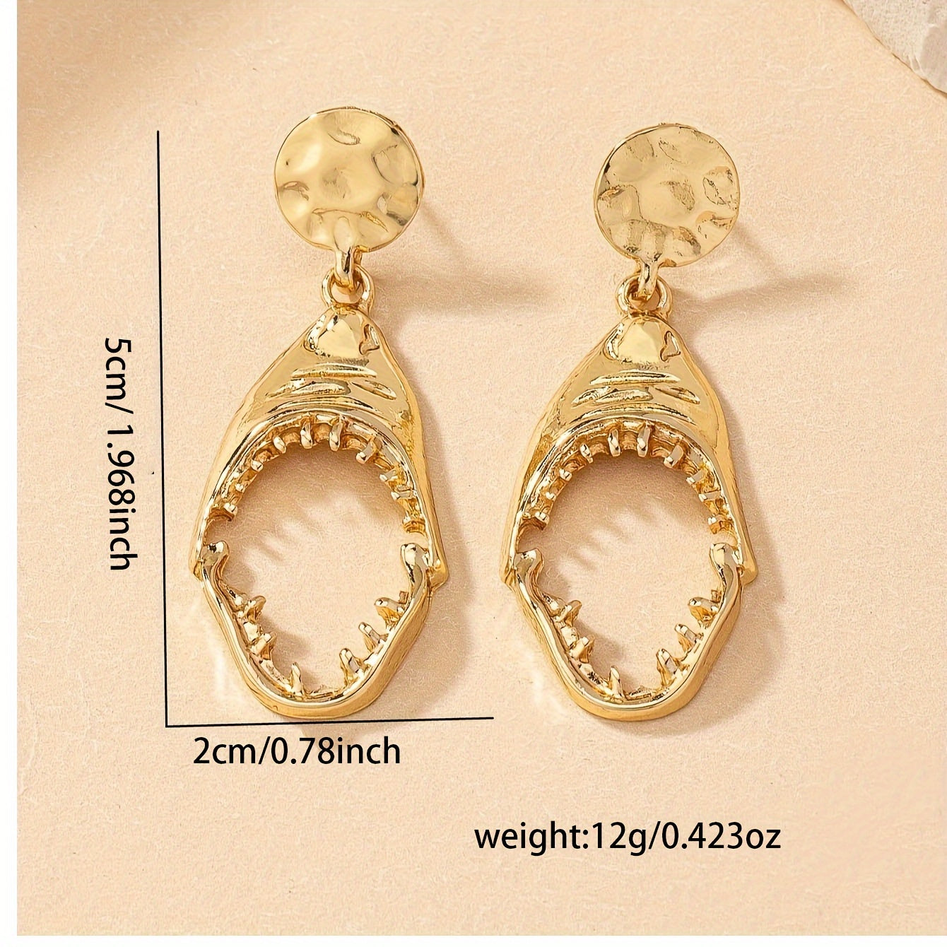 Gold Shark Jaw Drop Earrings with Hammered Disc