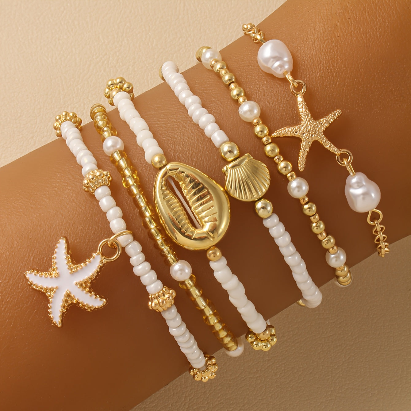 Boho Gold-Tone Beach Bracelets with Shell Charms