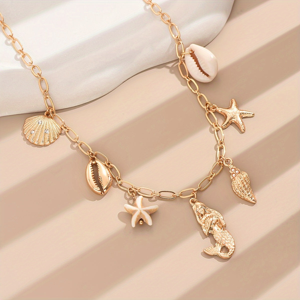 Bohemian Gold Tone Shell & Mermaid Necklace