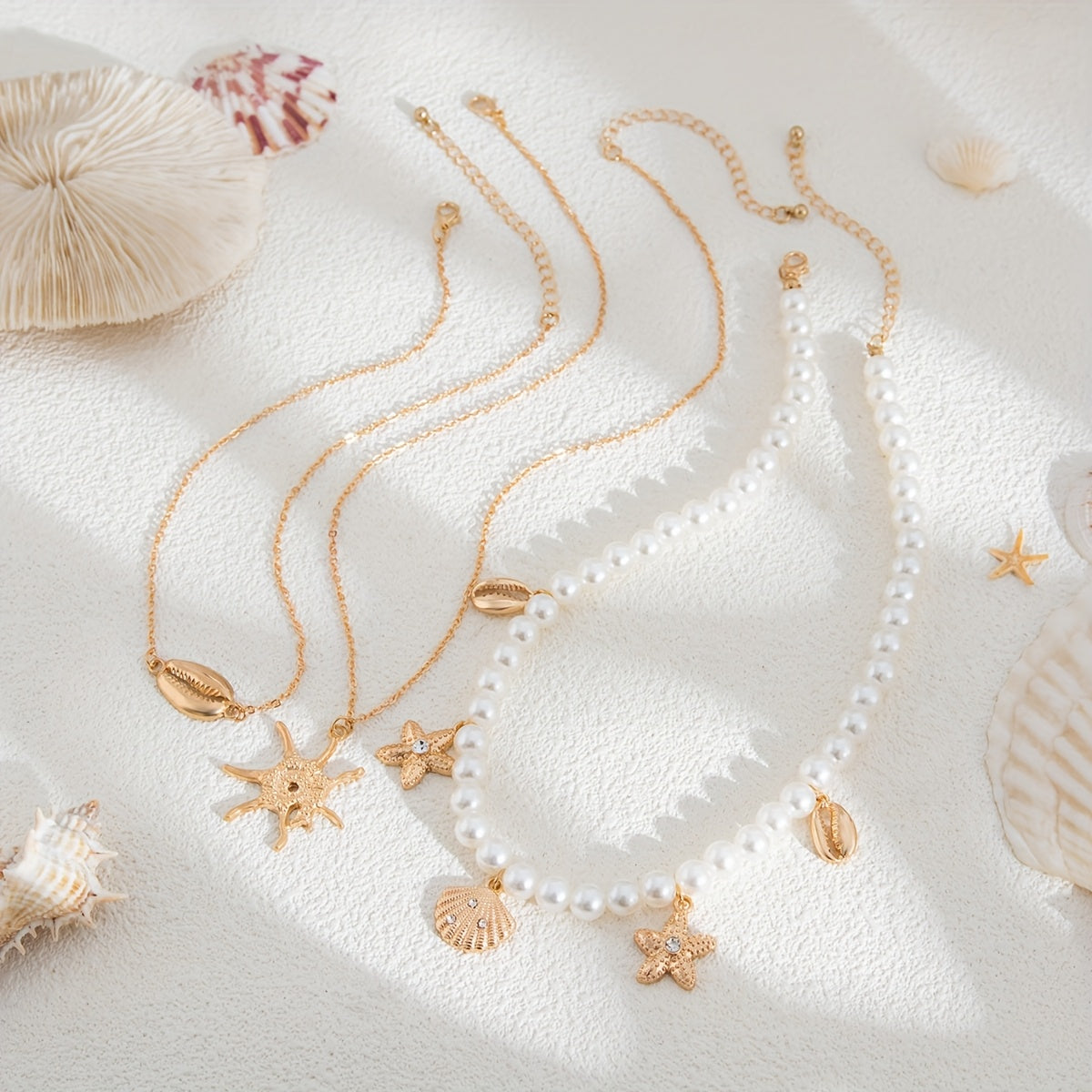 Bohemian Layered Pearl Necklace with Gold Sea Charms