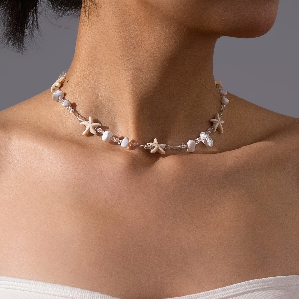 White Starfish and Stone Chip Beaded Necklace