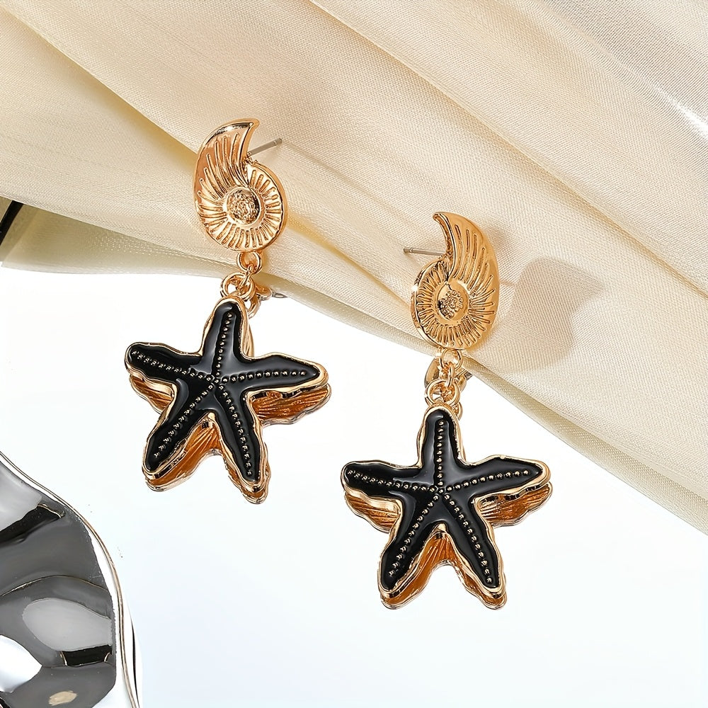 Gold-Tone Shell with Blue Starfish Drop Earrings