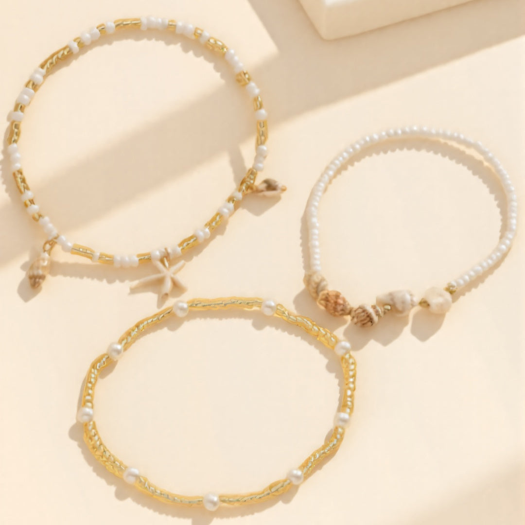 Beaded Layered Anklets with Seashells, Starfish, and Pearls