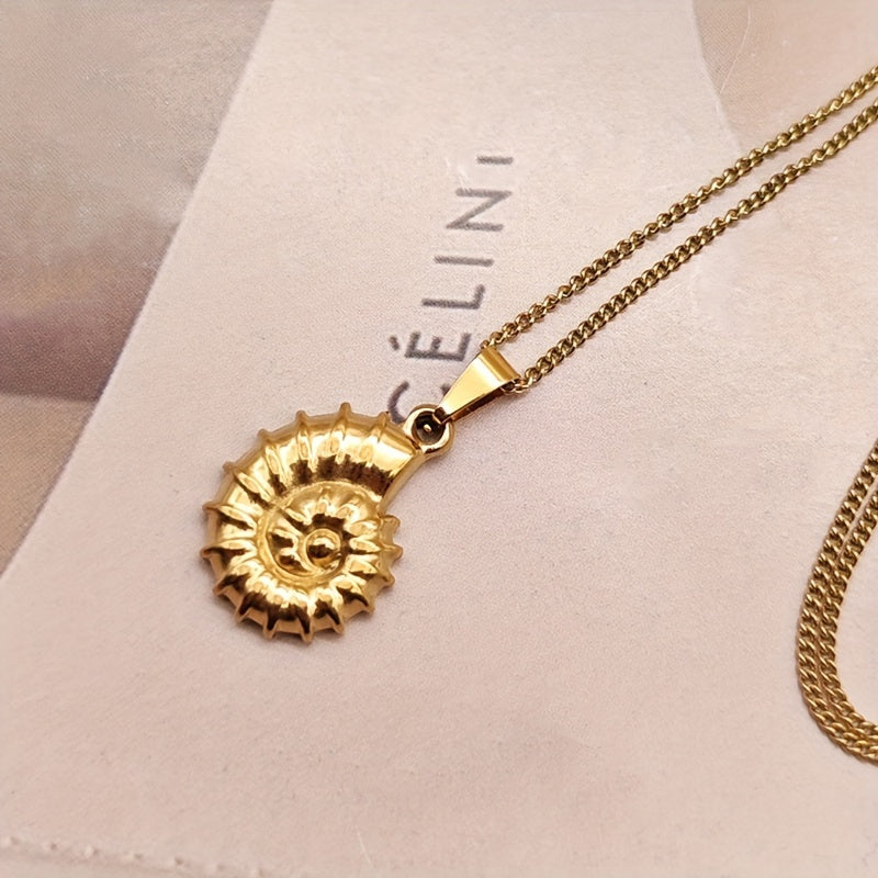 Golden Ribbed Ammonite Fossil Pendant Necklace