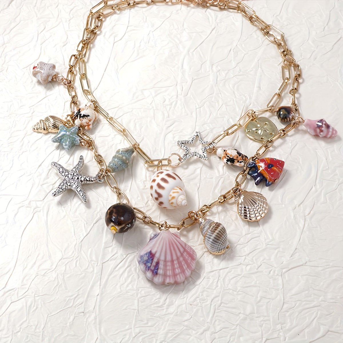 Gold-Tone Chain Anklet with Assorted Seashell Charms