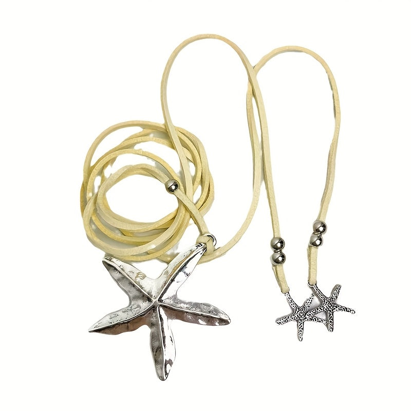 Bohemian Silver Starfish Lariat Necklace with Black Cord