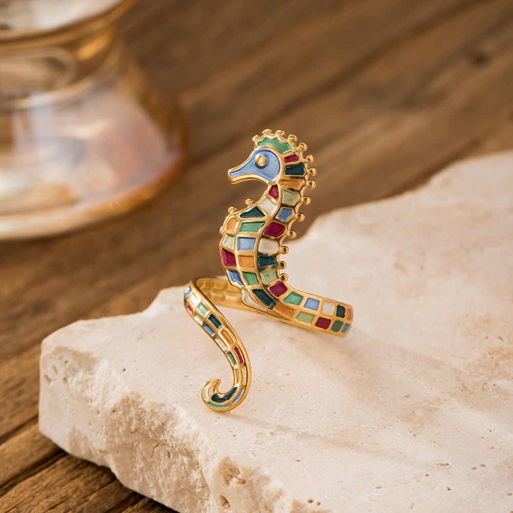 Gold-Tone Seahorse Wrap Ring with Blue Enamel
