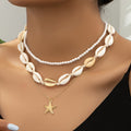 Layered Cowrie Shell and Pearl Necklace with Starfish