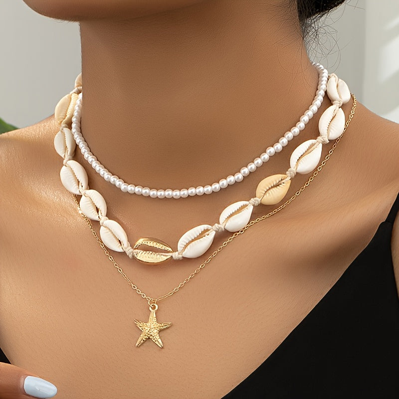 Layered Cowrie Shell and Pearl Necklace with Starfish