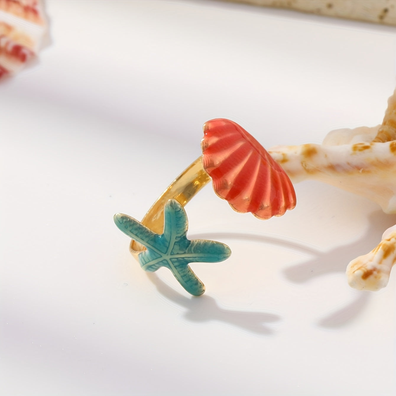 Enamel Starfish and Shell Adjustable Ring