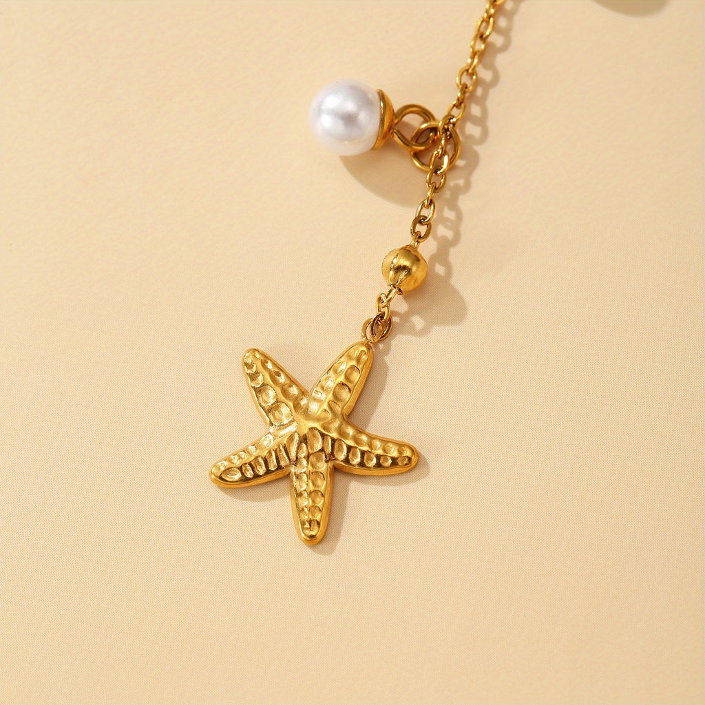 Gold-Tone Sea Charm Necklace with Pearl Drops