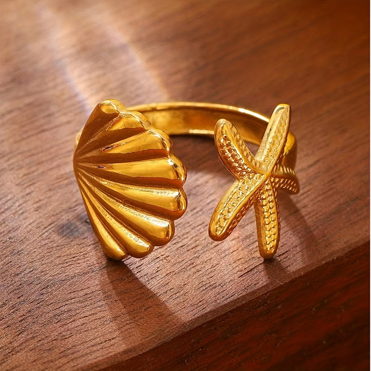 Coastal Gold-Tone Open Ring With Shell And Starfish