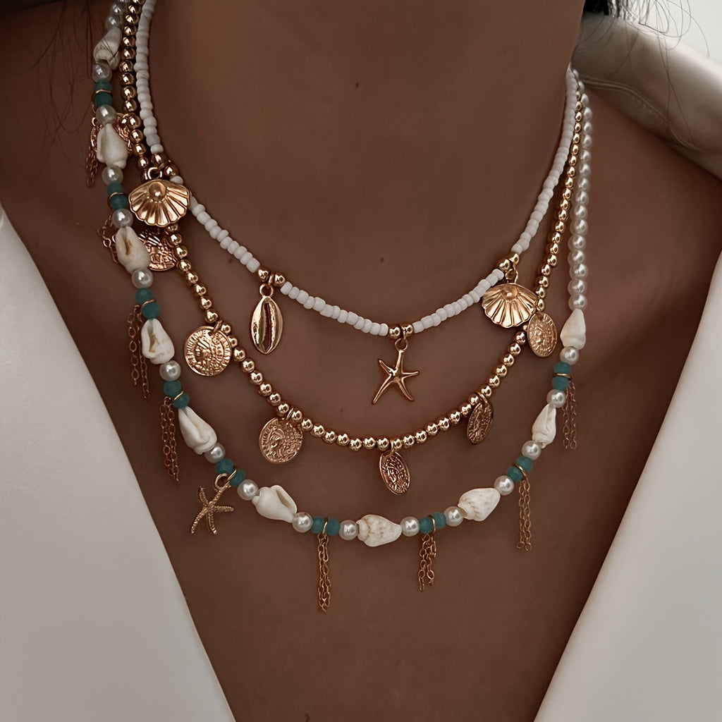Bohemian Layered Necklace with Shell & Starfish Charms