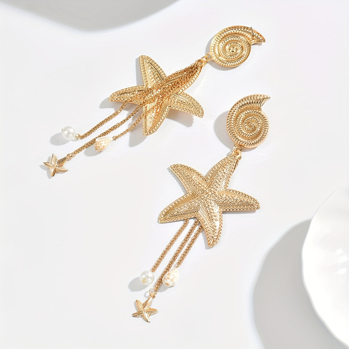 Gold Starfish Seashell Drop Earrings with Pearls