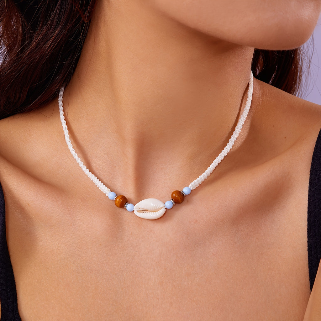 Bohemian Necklace with Cowrie Shell and Braided Cord