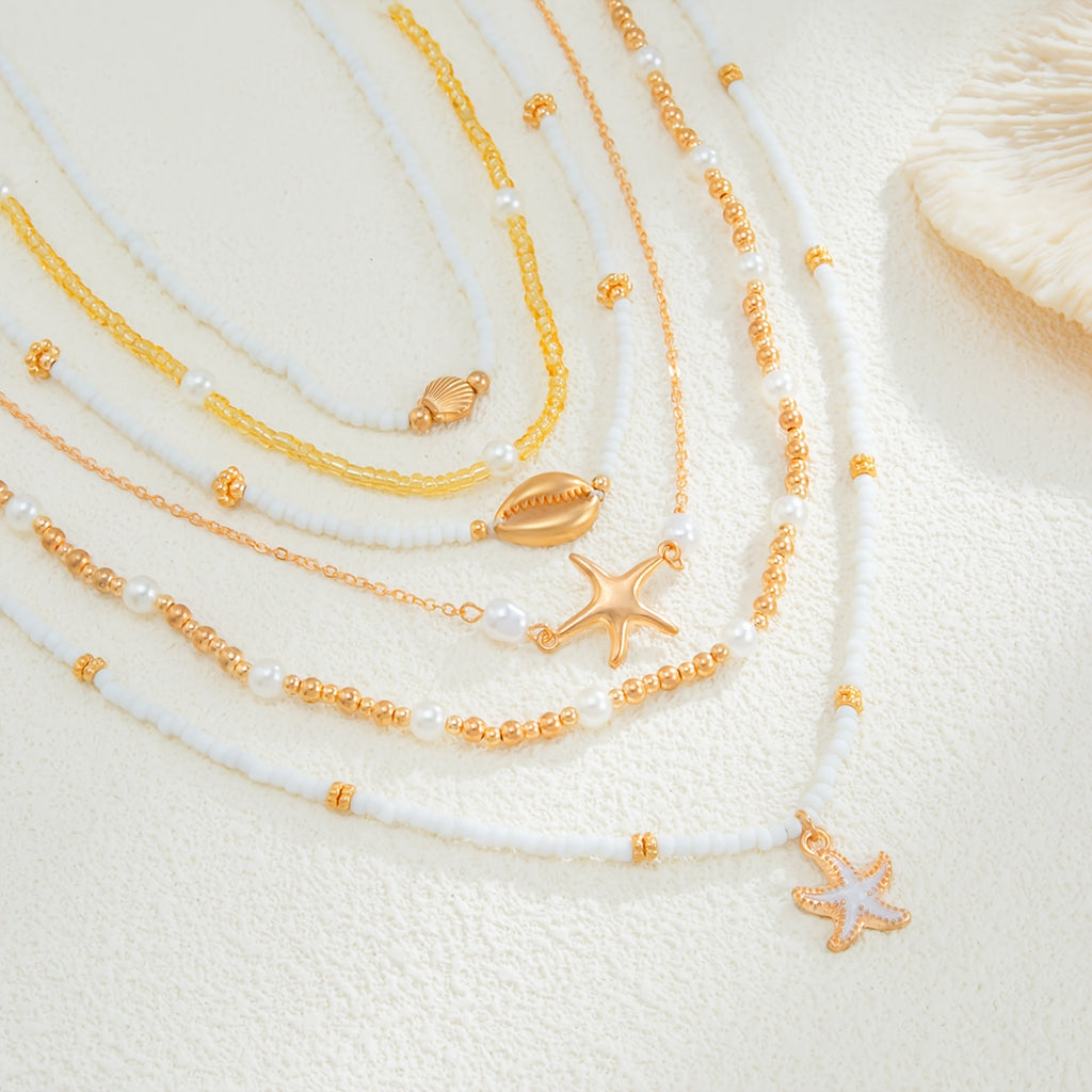 Bohemian Layered Necklace Set with Starfish & Shells