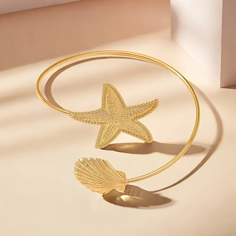 Gold Starfish Seashell Nautical Cuff Bracelet