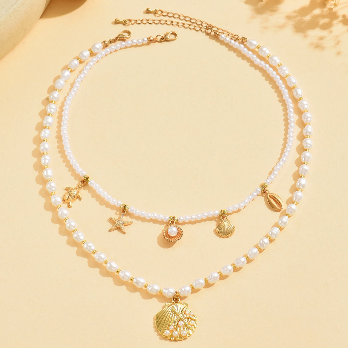 Bohemian Layered Pearl Necklace with Gold Ocean Charms