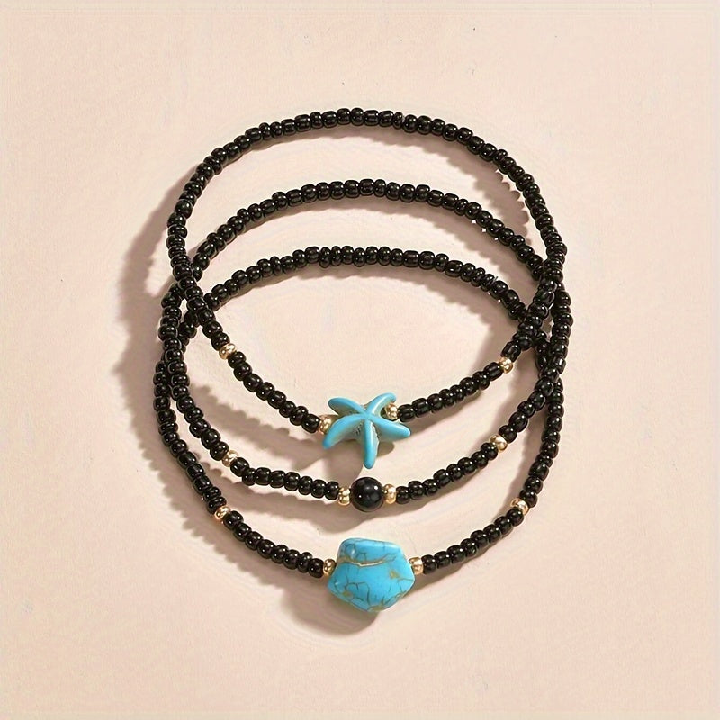 Boho Beaded Anklet Set with Starfish Charm