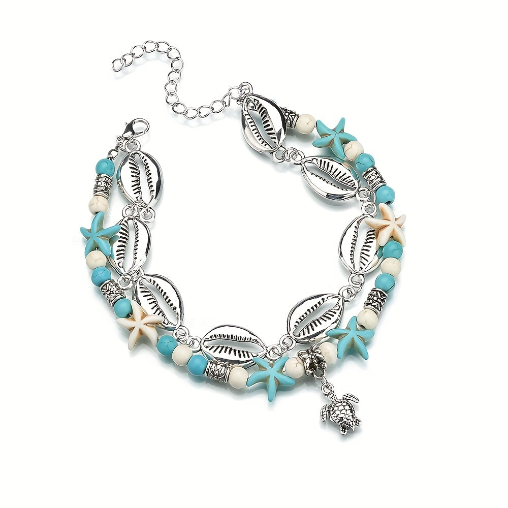 Bohemian Double Layered Anklet with Cowrie Shells & Turtle