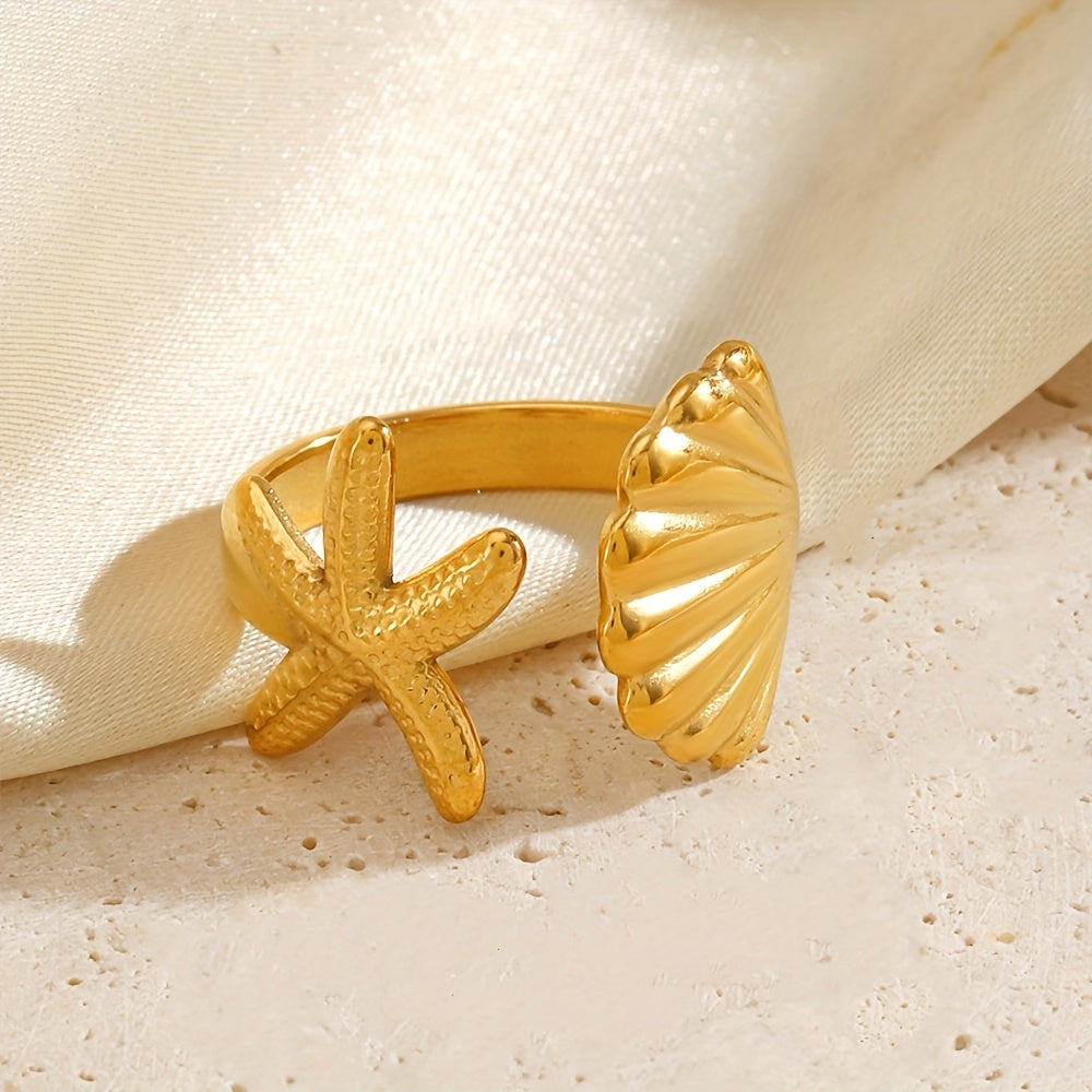 Gold Tone Starfish & Shell Open Ring for Women