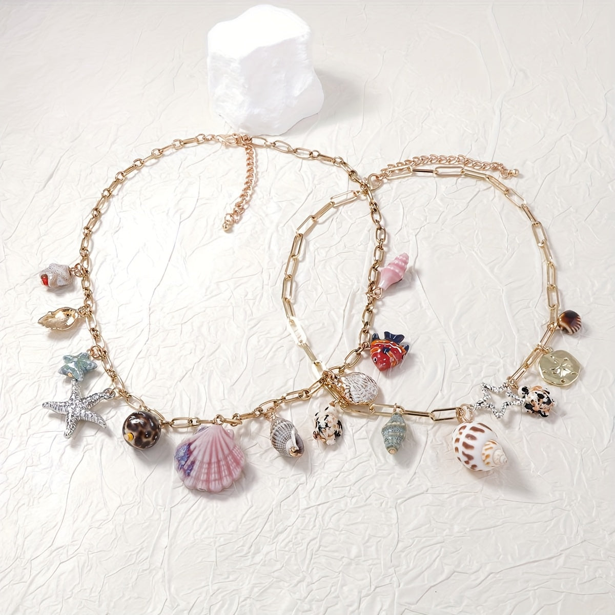 Gold-Tone Chain Anklet with Assorted Seashell Charms