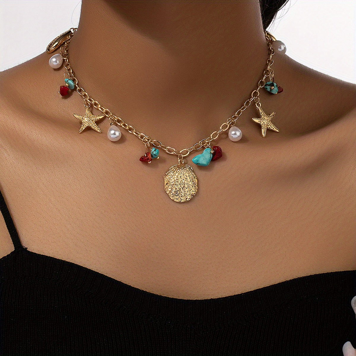 Gold-Tone Seashell Starfish Necklace with Colorful Beads