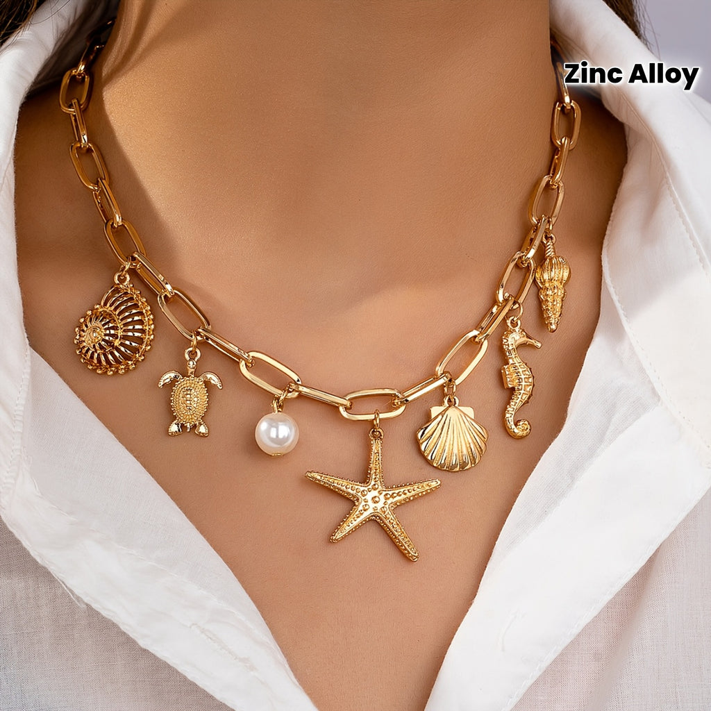 Gold-Tone Sea Life Charm Necklace in Zinc Alloy