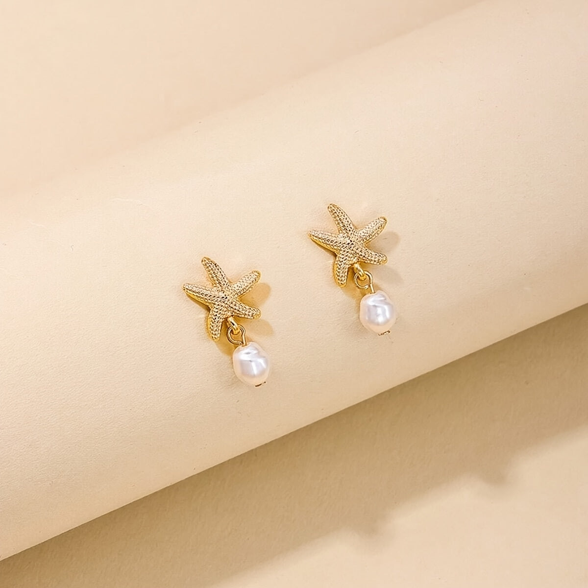 Gold Starfish Pearl Drop Dangle Earrings