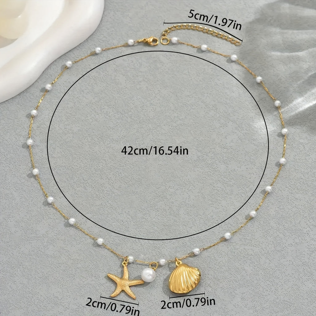 Bohemian Gold Charm Necklace with Starfish & Pearls