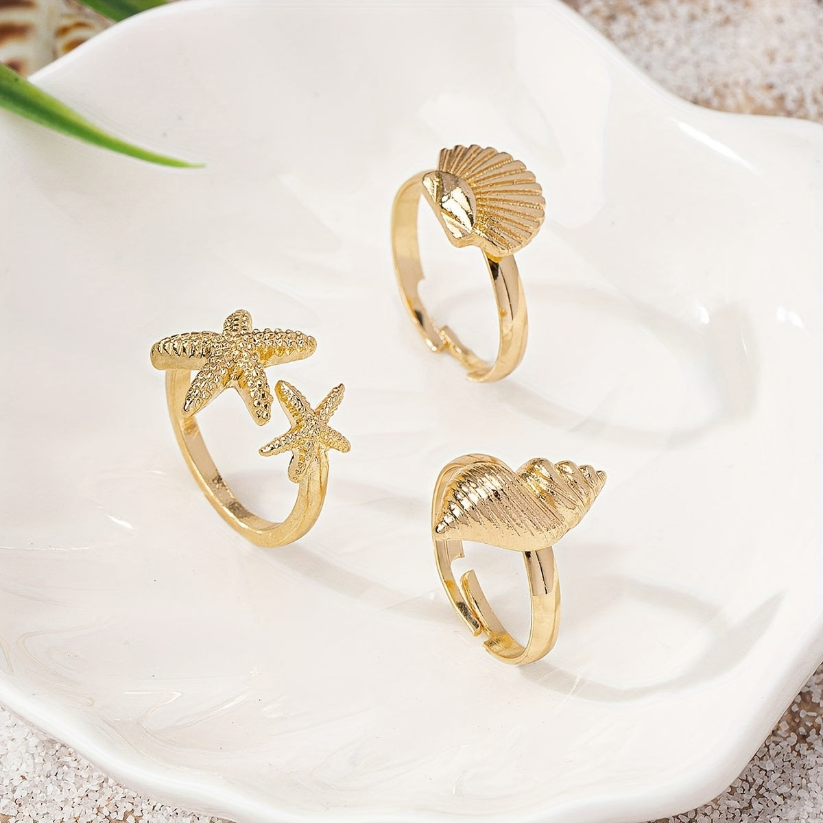 Gold Ocean-Themed Rings with Starfish and Shells