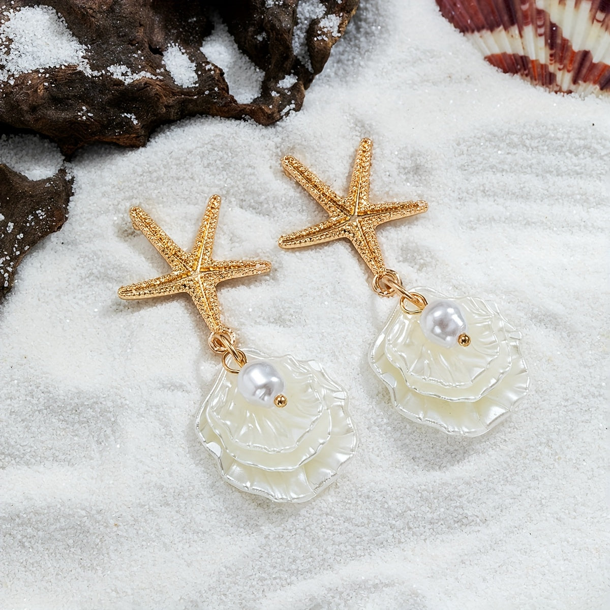 Gold Starfish Pearl Shell Drop Earrings